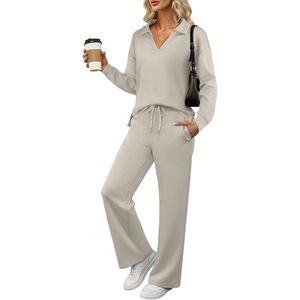 FOXA Women's 2 Piece <b>Lounge</b> Set Long Sleeve Polo Top Wide Leg Pants Casual Knitted Sweat Matching Outfit Autumn Wear - Product Image 1