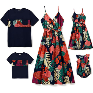 Tenues assorties pour la famille robes maman <span class=keywords><strong>et</strong></span> <span class=keywords><strong>moi</strong></span> vacances hawaïennes imprimé tropical robe à bretelles spaghetti <span class=keywords><strong>et</strong></span> ensemble chemise - Product Image 2