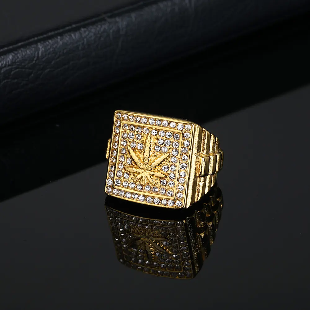 FY Fashion Jewelry Hip Hop Gold Rings For Men Chunky Full Diamond Maple Leaf Leaves Stainless Steel