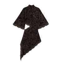 Mini-robe floquée pour femme, motif floral, col montant, manches évasées, fente avant, ourlet asymétrique, marron chocolat, collection automne, vente en gros, OEM, ODM