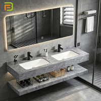 Meuble-lavabo mural personnalisable en pierre frittée avec vasque en marbre flottante et miroir LED pour salle de bain