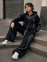 Ensemble sweat à capuche zippé et pantalon de survêtement large imprimé craquelé gothique avec strass, style streetwear unisexe