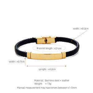 Pulsera de Hombre Personalizada de Acero Inoxidable 316L, Grabada, Chapada en Oro de 14k y 18k, con Cadena de Eslabones y Cuero - Product Image 5