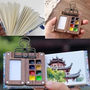 LISI Set de voyage en bois pour artistes étudiants Pocket Watercolor Grid Palette Box Sketch Book Brush Pens Binder Clips for Painters - Product Image 6
