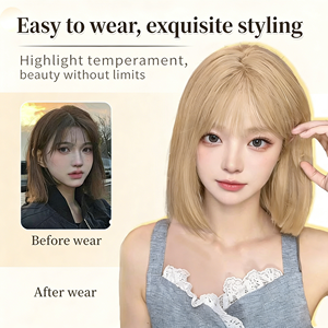 Perruque pour <span class=keywords><strong>femme</strong></span> en fibre synthétique haute température, coupe bob courte blonde ondulée, franges légères, effet naturel, bonnet en maille semi-élastique - Product Image 2