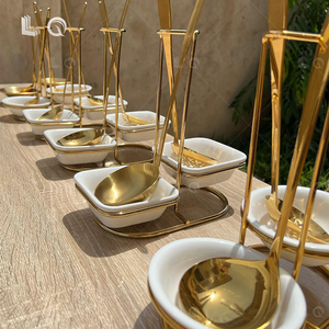Ensemble Moderne Louche de Service en Acier Inoxydable Doré et Support en Céramique pour Mariages, Fêtes, Écumoire, Soupière et Support de Buffet - Product Image 5