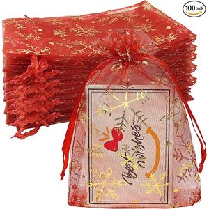 Sacs cadeaux en organza de Noël 4x6 pouces, flocons de neige rouges, petits sacs en maille avec cordon de serrage pour les fêtes de Noël, les bonbons et les friandises - Product Image 1