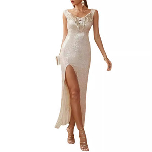 Robe de soirée pour femme, longue jupe à sequins, col en V, fente élégante, robe sirène - Product Image 5