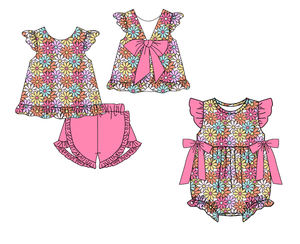 ชุดเซ็ตเสื้อผ้าเด็กผู้หญิงลายดอกไม้สีสันสดใสสำหรับฤดูใบไม้ผลิและฤดูใบไม้ร่วง ผ้าคอตตอนผสมสแปนเด็กซ์ กางเกงขาสั้นและชุดรอมเปอร์ทรงบับเบิ้ลสำหรับเด็กทารกและเด็กโต - Product Image 3