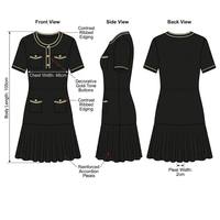 Robe mini trapèze noire tricotée vintage pour femme, collection été 2026, avec bordure contrastante et ourlet plissé, idéale pour le bureau – Personnalisation OEM/ODM