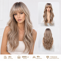 Perruques longues ondulées à franges, racine foncée, mèches blondes beiges, fibre résistante à la chaleur, ligne de cheveux naturelle, densité moyenne, directement de l'usine