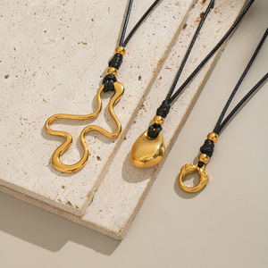 时尚水滴金豆几何吊坠黑色皮绳可调长款万能项链饰品厂家批发 - Product Image 3