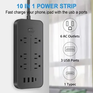 Universal Power Strip With 6 Port And 4 Usb Ports Grounding Extension Socket Adapter
