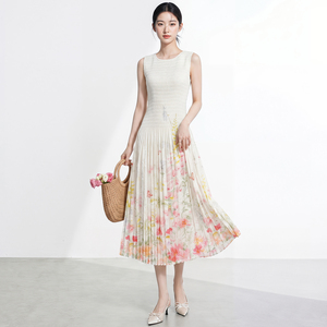 Robe longue plissée en mousseline tissée écologique sans manches, col rond, taille naturelle, mi-mollet, décontractée d'été pour femme - Product Image 4