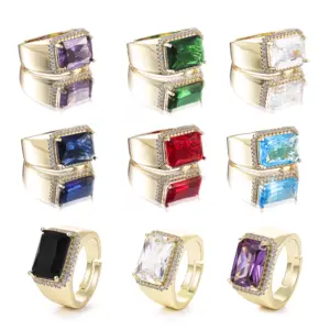 CM Jewelry Fashion Brass Ring Woman 14k Gold Plated Adjustable Rings Rectangle Colorful Red Blue Purple Cubic Zircon Ring