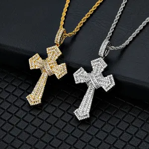 Fashion Jewelry Iced Out Cross Pendant Bling Baguette CZ Stone Gold Silver Plated Jesus Cross Pendant