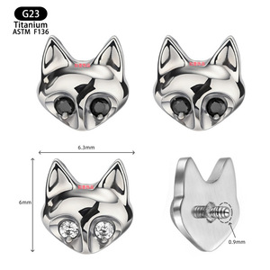 Fox Head <b>Titanium</b> Lip <b>Stud</b> Earrings G23 ASTM F136 6.3mm White Black Zircon Prong Setting Body Jewelry - Product Image 1