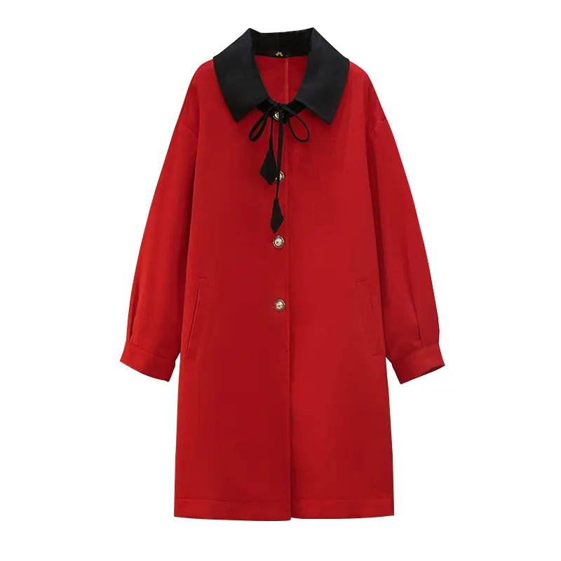 Manteau d'hiver pour femmes de grande taille en gros Manteau long de couleur contrastée rouge chinois joyeux