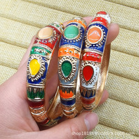 Vintage Ethnique Or Alliage Cloisonné Émail Bracelets Coloré Fleur Relief Gravé Grain Conception À La Mode Bracelets