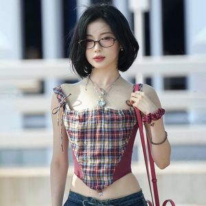 Color Block Plaid Mesh Patchwork Camisole Crop Top Women <b>Spaghetti</b> <b>Strap</b> Slim Fit Y2K Retro Casual Versatile Summer Top - Product Image 4