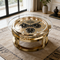 Table basse de luxe moderne en forme de montre dorée, plateau rond en verre fibre de verre, bureau central design pour salon