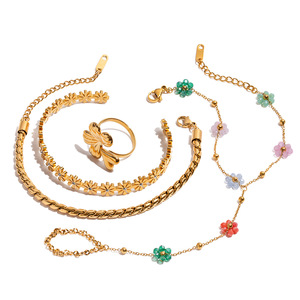 Flower Pattern Stainless Steel Jewelry <b>Set</b> For Women Beach Vacation Style Ring And <b>Bracelet</b> Gold Color - Product Image 1