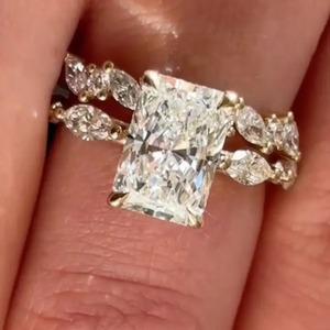 925 <b>Silver</b> Moissanite Radiant Cut Wedding <b>Ring</b> <b>Set</b> With Unique Wedding Band in Yellow Gold Plated Diamond <b>Ring</b> for Sale. - Product Image 3