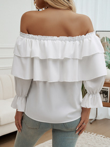 Blusas de señora Nuevas camisas vintage con volantes al por mayor para damas Top negro con hombros descubiertos - Product Image 6