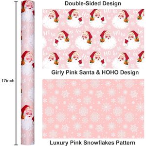 Pink Santa <b>Wrapping</b> <b>Paper</b> Reversible Vintage Design Snowflakes Christmas Gift Craft 46.8 Square Feet Recyclable - Product Image 3