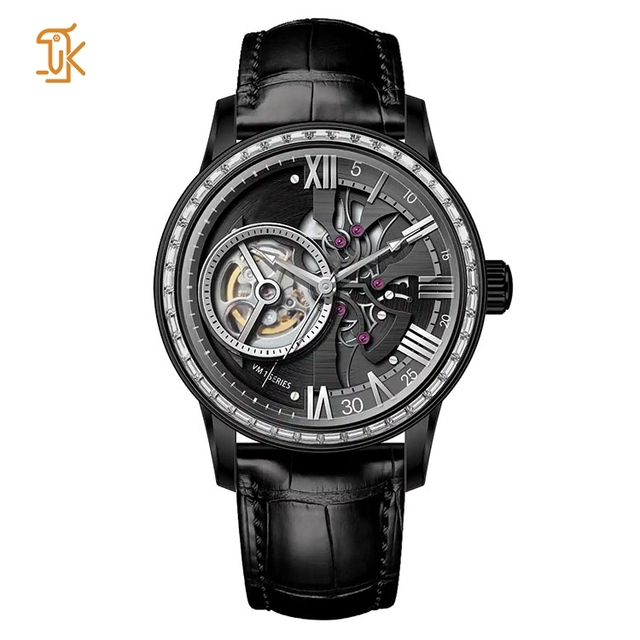 Wholesale High end Matte Black Mechanical Skeleton Diamond-studded Automatic Watch for men Luxury Brand Unique Desgin Custom