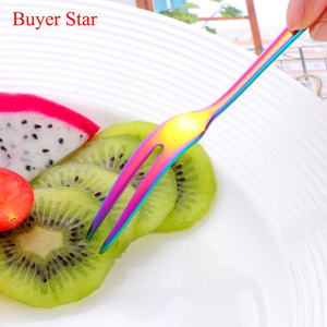 Chất Lượng Cao Flatware Thép Không Gỉ Đầy Màu Sắc Hai-Tine <span class=keywords><strong>Mini</strong></span> Bánh Trái Cây Ngã Ba - Product Image 5