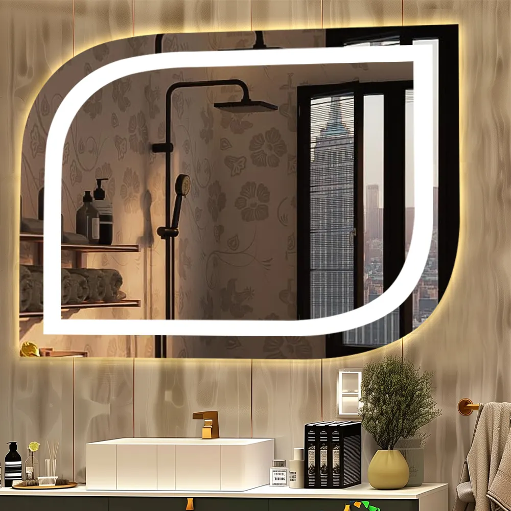 مرآة حمام ذكية LED للحائط ذات شاشة لمس، مرآة بإضاءة خلفية LED ذات شكل غير منتظم، مرآة مكياج وبها زينة لا تسمح بمرور الماء