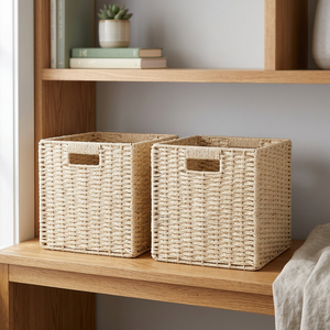 Square Woven Rattan Storage Baskets Set of 2 Handmade Minimalist Design for Living Room Organization - Product Image 2