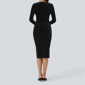 Autunno inverno <span class=keywords><strong>vestito</strong></span> di un pezzo da donna abito da donna con scollo a V manica lunga arricciato in <span class=keywords><strong>velluto</strong></span> stile <span class=keywords><strong>Midi</strong></span> <span class=keywords><strong>vestito</strong></span> Casual da donna - Product Image 2