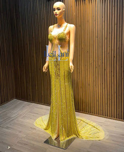 Robe de soirée sirène sans manches de luxe pour femme, ornée de strass haut de gamme, en soie, élégante - Product Image 4