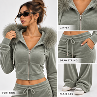 Ensemble deux pièces personnalisé pour femme : sweat à capuche zippé en velours avec bordure en fausse fourrure et pantalon évasé à cordon de serrage – Survêtement décontracté
