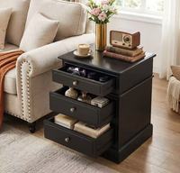 Table de chevet noire moderne avec 3 tiroirs, poignées en métal doré, table de chevet en bois massif, table de chevet de luxe, armoire de rangement