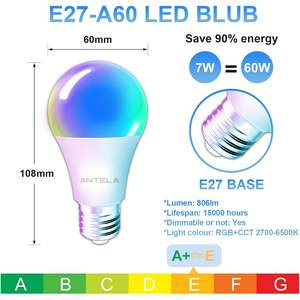 Ampoule LED Intelligente Antela en Plastique E27 Wifi RGB Dimmable Contrôle par Application Alexa Google Home 7W 806Lm 2700K-6500K Montage au Plafond - Product Image 4