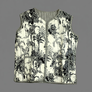 Chaleco Vintage para Mujer con Cuello en V, Cierre de Botón, Algodón, Estampado Tropical Monocromático, con Bolsillo Frontal - Product Image 1