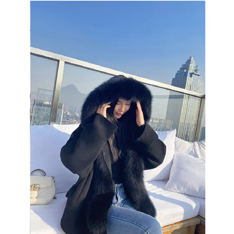 New Design Loose Size Women Wool Coat Winter Warm Fashion Real Fox Fur Coat Hooded Oversize Ladies Black Cashmere Jacket Fur