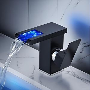 Contemporary Stainless Steel Black Cold Hot Mixer Crane <strong>Sink</strong> Tap Square Bathroom <strong>Faucet</strong> Modern LED Waterfall Basin Tap