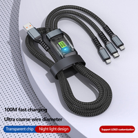 Câble de charge rapide 3-en-1 transparent tressé 100W compatible avec les appareils Apple, Huawei, iOS, USB Type-C