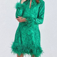 Mini robes à manches longues vertes pour femmes, doublure en A, OEM, personnalisé, entièrement imprimé, garniture en plumes, décontractées