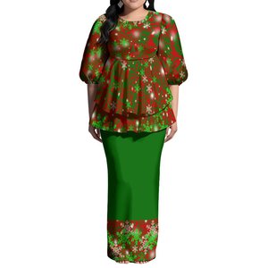 Abiti Maxi Puletasi con Stampa Natalizia, Vestito Personalizzato da Donna con Maniche a Palloncino e Strati di Volant, Set di 2 Pezzi in Stile Samoano Polinesiano - Product Image 1