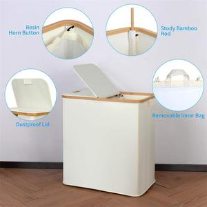 Cesto para <span class=keywords><strong>Ropa</strong></span> Sucia con Tapa y Asa de Bambú, 2 Compartimentos, 140L de Gran Capacidad, Clasificador de <span class=keywords><strong>Ropa</strong></span>, Bolsas Extraíbles, Personalizable al por Mayor - Product Image 2