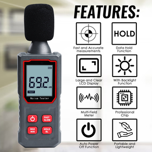 เครื่องวัดระดับเสียงอุตสาหกรรม GAIN EXPRESS รุ่นขายดี 30-130dB ทนทาน IP54 ป้องกันฝุ่น ป้องกันการตก จอ LCD แสดงผลแบบ A-Weighting - Product Image 2