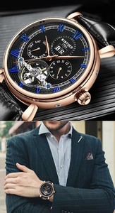 Montre mécanique pour homme KINYUED, boîtier en acier inoxydable, bracelet en cuir, étanche 3BAR, tourbillon, luxe, mode - Product Image 4