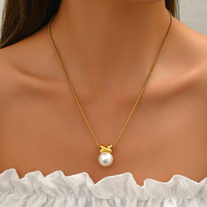 Geometric Pendant <b>Necklace</b> With Imitation Pearl Gold Chain For Women Party Jewelry - Product Image 5