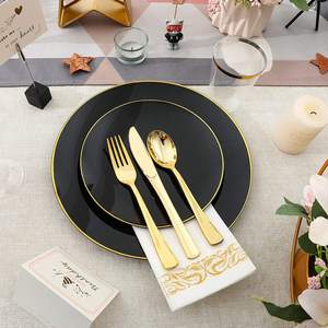 Ensemble d'assiettes à dîner en plastique noir jetable avec plateau pour les fêtes de mariage Assiette à gâteau de 7.5 pouces Assiette de service de 10 pouces pour la vaisselle - Product Image 3