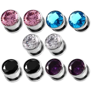 10Pair/Set Stainless Steel Crystal Zircon Ear Tunnels Plug Screw Flesh Gauge Ear Piercing Stretchers Expanders Body Jewelry